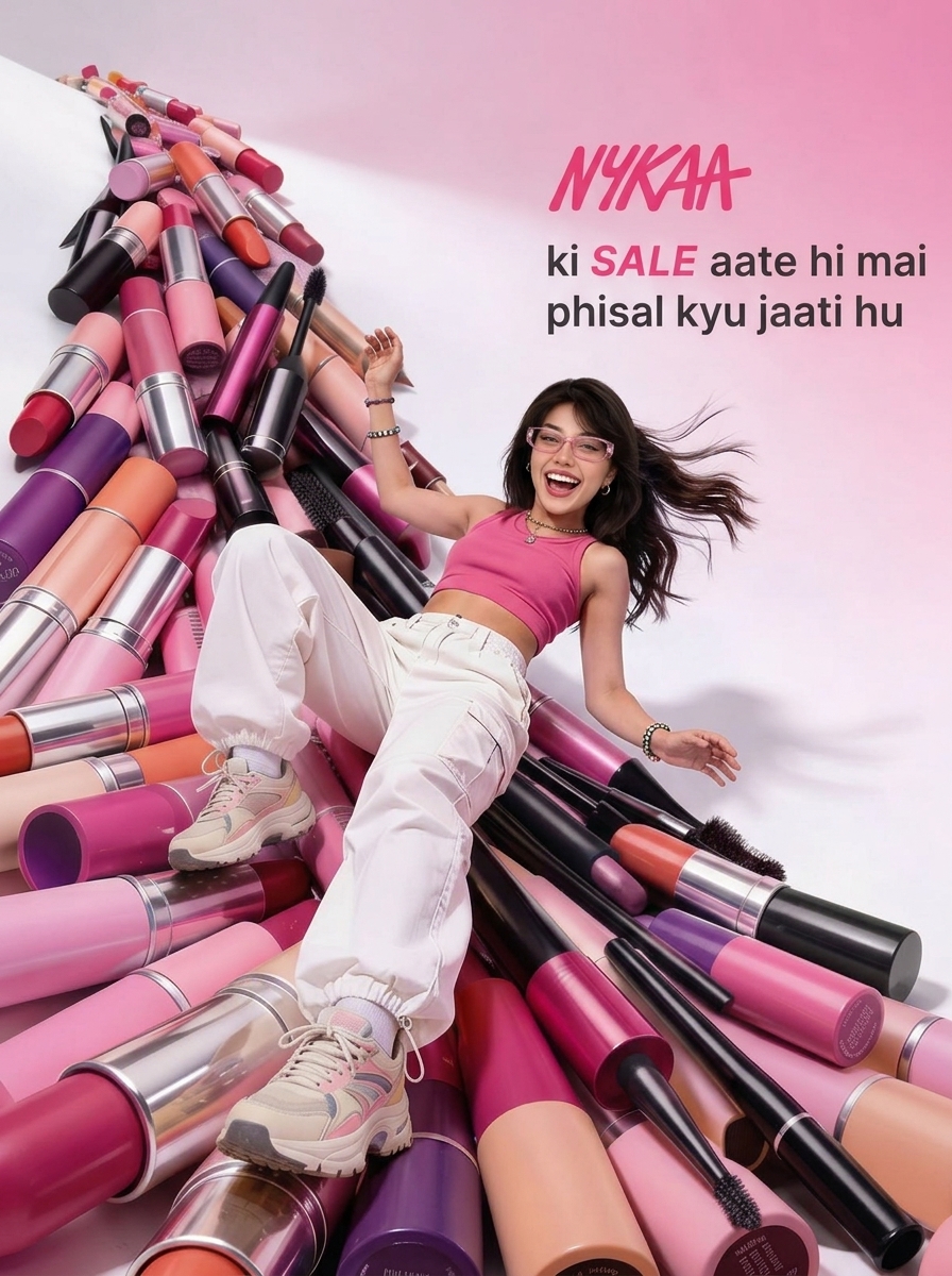 Woman sliding down giant cosmetics