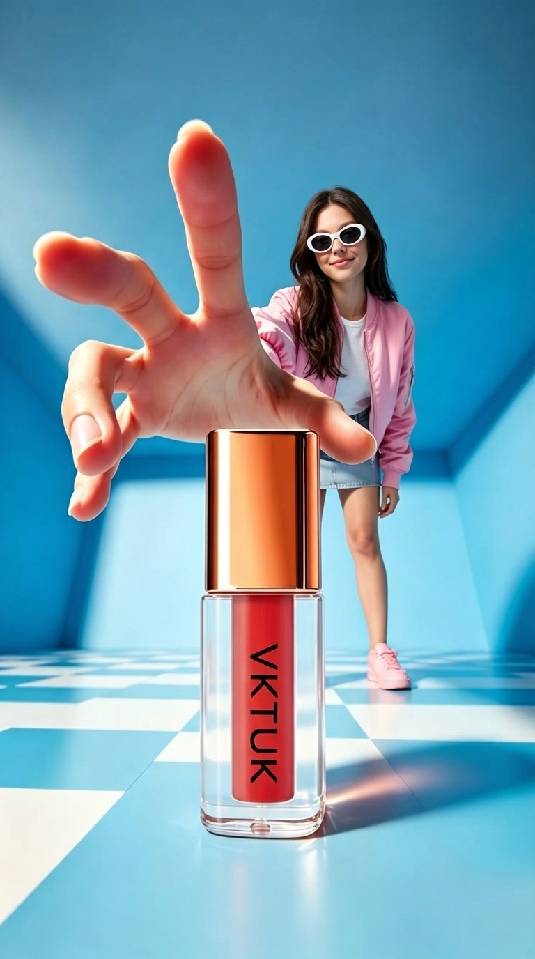 Hand reaching toward lip gloss
