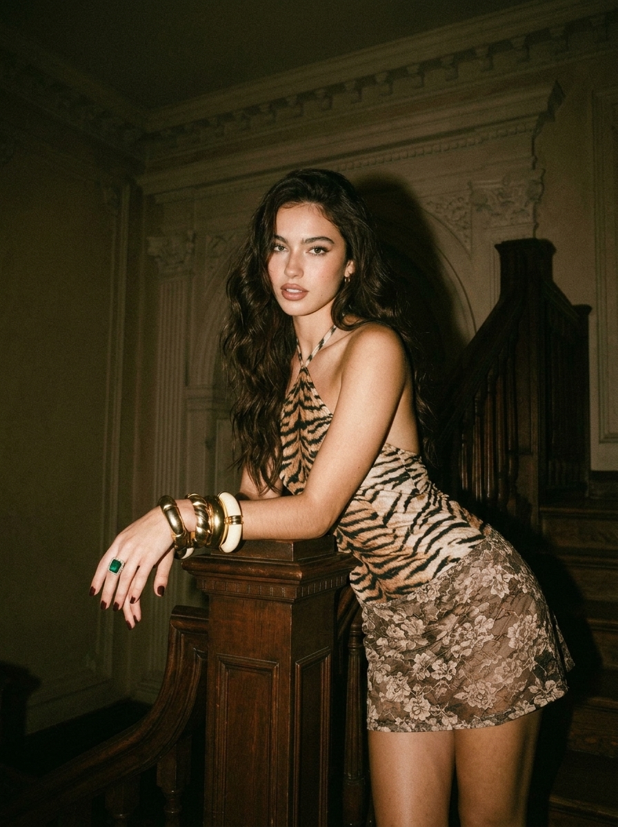 Woman leaning against wooden stair